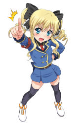 Rule 34 | 10s, 1girl, ^^^, akechi kokoro, armband, belt, black thighhighs, blonde hair, blue eyes, blush, child, drill hair, female focus, hair ribbon, hand on own hip, index finger raised, long hair, looking at viewer, necktie, nigou, open mouth, pointing, ribbon, skirt, solo, standing, tantei opera milky holmes, thighhighs, twin drills, twintails, zettai ryouiki