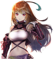 Rule 34 | 1girl, aqua hair, bandeau, black choker, black ribbon, black sleeves, blonde hair, breasts, brown gloves, choker, cleavage, closed mouth, collarbone, criss-cross halter, detached sleeves, floating hair, frown, gloves, gradient hair, groin, halterneck, highres, long hair, long sleeves, looking at viewer, medium breasts, midriff, milla maxwell, multicolored hair, navel, red eyes, ribbon, simple background, solo, standing, stomach, swept bangs, tales of (series), tales of xillia, upper body, usatarou (annke-to), very long hair, white background