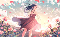 Rule 34 | 1girl, :d, back, bad id, bad pixiv id, black hair, brown eyes, cloud, commentary request, dress, flower, hair blowing, highres, koh rd, lens flare, long hair, looking at viewer, looking back, open mouth, original, outdoors, outstretched arm, petals, red dress, shoulder blades, sky, smile, solo, stairs, standing, sun, sundress, wind, wind lift