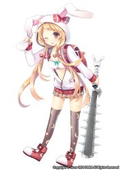 Rule 34 | 1girl, ;p, animal ears, baseball bat, blonde hair, bow, braid, brown bow, brown eyes, brown skirt, club, club (weapon), flower knight girl, full body, hair bow, hair over shoulder, hood, jacket, kanabou, kurot, long hair, nail, nail bat, official art, one eye closed, plaid, plaid bow, plaid skirt, print thighhighs, rabbit ears, red bow, shoes, skirt, smile, solo, spiked club, standing, susuki (flower knight girl), thighhighs, tongue, tongue out, weapon, white background