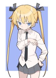 Rule 34 | 1girl, blonde hair, blue eyes, collared shirt, flat chest, highres, kill me baby, long hair, looking at viewer, matuo3232, necktie, shirt, skirt, solo, sonya (kill me baby), sweatdrop, twintails, very long hair, wavy mouth