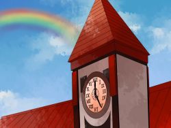 Rule 34 | bad id, bad pixiv id, blue sky, clock, clock tower, cloud, comic, day, artistic error, female focus, hammer (sunset beach), no humans, outdoors, rainbow, roman numeral, rooftop, silent comic, sky, touhou, tower
