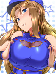Rule 34 | 10s, 1girl, bare shoulders, blue eyes, breasts squeezed together, breasts, brown hair, cleavage cutout, clothing cutout, emanon123, hat, highres, idolmaster, idolmaster cinderella girls, large breasts, long hair, looking at viewer, marching band, matsumoto sarina, smile, solo, uniform, wrist cuffs