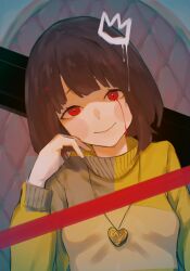 1girl blood bloody_tears bob_cut breasts brown_hair center-flap_bangs chara_(undertale) closed_mouth commentary drawn_crown genderswap genderswap_(otf) grey_sweater hand_on_own_cheek hand_on_own_face hand_up head_tilt highres long_sleeves looking_at_viewer red_eyes short_hair sitting small_breasts smile solo straight-on sweater symbol-only_commentary takekinoko turtleneck turtleneck_sweater undertale upper_body