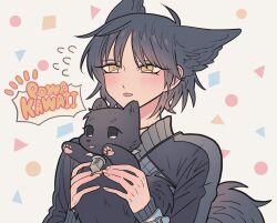 Rule 34 | 1boy, animal, animal ears, black hair, black sweater, blush, creature and personification, dog, dog ears, dog tail, dramatical murder, dual persona, extra ears, flying sweatdrops, hands up, highres, holding, holding animal, holding dog, long sleeves, looking at viewer, male focus, meremero, personification, ren (dramatical murder), short hair, smile, speech bubble, sweater, tail, tongue, tongue out, upper body, white background, yellow eyes