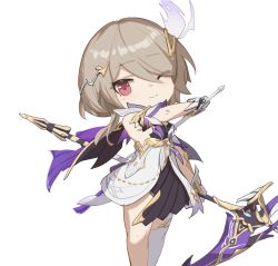 Rule 34 | 1girl, bare shoulders, brown hair, closed mouth, dress, ether.b, gloves, hair ornament, hair over one eye, highres, holding, holding scythe, holding weapon, honkai (series), honkai impact 3rd, looking at viewer, mole, mole under eye, purple eyes, rita rossweisse, rita rossweisse (spina astera), scythe, simple background, single thighhigh, sleeveless, sleeveless dress, smile, solo, thighhighs, weapon, white background, white dress, white gloves