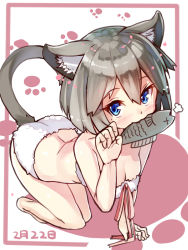 Rule 34 | 1girl, all fours, animal ears, ass, blue eyes, blush, breasts, cat ears, cat tail, cleavage, dated, fish, grey hair, looking at viewer, mouth hold, paw pose, ribbon, short hair, sketch, solo, tail, yuuji (yukimimi)
