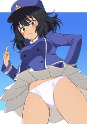 Rule 34 | 1girl, andou (girls und panzer), bc freedom military uniform, black hair, blush, breasts, brown eyes, commission, eyebrows hidden by hair, from below, girls und panzer, hat, highres, kamuraaa 615, looking down, military, military hat, military uniform, miniskirt, panties, pixiv commission, shiny skin, short hair, simple background, skirt, small breasts, solo, underwear, uniform, upskirt, white panties, wind, wind lift