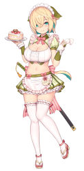 Rule 34 | 1girl, apron, aqua eyes, blonde hair, bow, bowtie, breasts, cake, cleavage, cleavage cutout, clothing cutout, collared shirt, colored inner hair, cream, cream on body, cream on face, crop top, food, food on face, frilled shirt, frilled skirt, frills, full body, green shirt, green skirt, hair between eyes, hands up, holding, inaba gou, katana, large breasts, looking at viewer, maid, maid apron, maid headdress, midriff, miniskirt, multicolored hair, navel, nidy, pleated skirt, revealing clothes, sandals, sheath, sheathed, shirt, short hair, simple background, skirt, smile, solo, stomach, sword, tabi, tenka hyakken, thighhighs, thighs, waist apron, weapon, weapon on back, white background, white thighhighs, zettai ryouiki, zouri