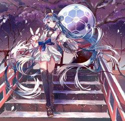 Rule 34 | 1girl, absurdly long hair, absurdres, ahoge, akira (ying), animal, bell, black thighhighs, blue eyes, blue hair, blush, cherry blossoms, double bun, fingerless gloves, floating hair, full body, gloves, grin, hair bun, hairband, hatsune miku, highres, holding, holding animal, jingle bell, long hair, nail polish, night, open mouth, outdoors, rabbit, sandals, skirt, smile, snow, snowflakes, stairs, thighhighs, tree, twintails, very long hair, vocaloid, yukine (vocaloid)
