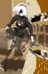 Rule 34 | 1girl, android, black dress, boots, breasts, dress, feather-trimmed sleeves, hairband, highres, large breasts, nier (series), nier:automata, puffy sleeves, short hair, silver hair, solo, soul calibur, soulcalibur vi, thigh boots, thighhighs, weapon, 2b (nier:automata)