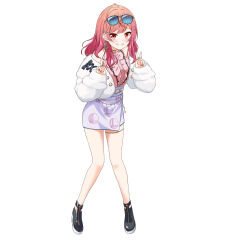 Rule 34 | 1girl, absurdres, ahoge, bare shoulders, black footwear, center frills, commentary, cross-laced jacket, double w, earrings, english commentary, eyewear on head, felutiahime, frills, full body, fur-trimmed jacket, fur trim, gradient hair, grin, hair ornament, hairclip, hands up, highres, hololive, hololive dev is, ichijou ririka, jacket, jewelry, legs, light blush, long sleeves, looking at viewer, medium hair, miniskirt, multicolored hair, necklace, off shoulder, pink hair, pink shirt, puffy long sleeves, puffy sleeves, purple skirt, red eyes, red hair, shirt, shirt tucked in, shoes, simple background, skirt, sleeveless, sleeveless shirt, smile, solo, standing, sunglasses, two-tone hair, virtual youtuber, w, white background, white jacket
