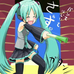Rule 34 | aqua hair, detached sleeves, closed eyes, hatsune miku, headset, ishikkoro, long hair, necktie, skirt, solo, spring onion, thighhighs, translation request, twintails, vocaloid, zettai ryouiki