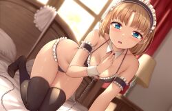 Rule 34 | 1girl, absurdres, all fours, apron, unworn apron, arm garter, bikini, black bikini, black thighhighs, blonde hair, blue eyes, breasts, chain, chained, commentary, curtains, dated commentary, day, detached collar, dutch angle, highres, indoors, lamp, looking at viewer, maid, maid bikini, maid headdress, medium breasts, medium hair, mole, mole on breast, nightstand, no shoes, on bed, original, pillow, short hair, skywalker0610, solo, swimsuit, thighhighs, unconventional maid, white apron, window, wristband