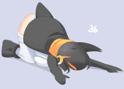 Rule 34 | 1girl, bird tail, black footwear, black hair, black jacket, boots, breasts, commentary request, emperor penguin (kemono friends), full body, grey background, headphones, jacket, kemono friends, large breasts, lets0020, lying, multicolored hair, numbered, on stomach, open clothes, open jacket, orange hair, short hair, simple background, solo, streaked hair, tail, thighhighs, white thighhighs