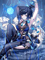 Rule 34 | 1girl, armpits, arms up, artist name, asymmetrical gloves, bare shoulders, black gloves, black pants, blue background, blue flower, blue hair, blunt bangs, bracelet, breasts, cleavage, commentary request, dice, flower, fur-trimmed jacket, fur trim, genshin impact, gloves, green eyes, high heels, highres, jacket, jewelry, knee up, large breasts, leggings, looking at viewer, mismatched gloves, pants, sheya, short hair, signature, sitting, sleeveless, smile, solo, white gloves, white jacket, yelan (genshin impact)