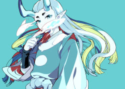 Rule 34 | 1boy, aqua background, aqua eyes, aqua horns, aqua skin, covered mouth, dated, floating hair, hand up, horns, long hair, long sleeves, looking at viewer, pointy ears, rope, simple background, solo, luo xiaohei zhanji, twitter username, vox, xuhuai (the legend of luoxiaohei)