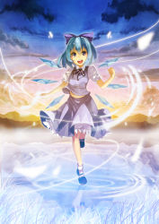 Rule 34 | 1girl, :d, abi (abimel10), black ribbon, blue eyes, blue hair, blue skirt, blue vest, blush, bobby socks, bow, cirno, full body, hair between eyes, hair bow, highres, ice, ice wings, looking at viewer, mary janes, misty lake, neck ribbon, open mouth, outdoors, puffy short sleeves, puffy sleeves, ribbon, shoes, short hair, short sleeves, skirt, skirt set, smile, socks, solo, standing, standing on liquid, touhou, vest, wings