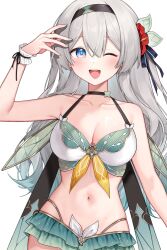 Rule 34 | 1girl, alternate costume, arm up, bikini, black cape, black choker, black hairband, blue eyes, breasts, cape, choker, cleavage, collarbone, firefly (honkai: star rail), frilled bikini, frills, front-tie bikini top, front-tie top, green bikini, green nails, grey hair, hair between eyes, hairband, hand up, highres, honkai: star rail, honkai (series), large breasts, long hair, looking at viewer, nail polish, navel, one eye closed, open mouth, shrimp cake, sidelocks, simple background, solo, stomach, swimsuit, two-tone bikini, upper body, white background, white bikini