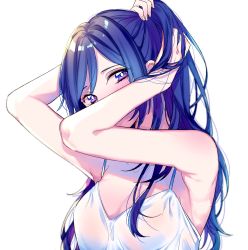 Rule 34 | 10s, 1girl, absurdres, alternate hairstyle, arms up, bare arms, bare shoulders, blue hair, blush, breasts, bunching hair, camisole, cleavage, covered mouth, hair down, hand in own hair, hands on own head, head tilt, highres, holding, holding hair, long hair, looking at viewer, love live!, love live! sunshine!!, matsuura kanan, nerunnn, purple eyes, simple background, solo, spaghetti strap, tying hair, upper body, white background