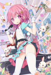 Rule 34 | 1girl, balcony, belt, blue skirt, blush, building, car, cloud, confetti, flower, gloves, hair ornament, hairpin, highres, holding, holding microphone, looking at viewer, microphone, motor vehicle, necktie, original, panties, pink belt, pink eyes, pink hair, pink skirt, red necktie, red ribbon, ribbon, shirt, skirt, skirt flip, sky, smile, stuffed animal, stuffed toy, suika hiragi, thighhighs, thighs, tongue, tongue out, underwear, white gloves, white panties, white shirt, white thighhighs