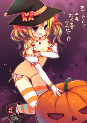 Rule 34 | 1girl, blonde hair, boots, bra, bracelet, breasts, bridal gauntlets, cleavage, dated, earrings, fang, halloween, hat, izumiyuhina, jack-o&#039;-lantern, jewelry, long hair, lots of jewelry, navel, necktie, open mouth, original, panties, pointy ears, red eyes, side-tie panties, signature, solo, striped clothes, striped thighhighs, thighhighs, translated, underwear, underwear only, witch hat