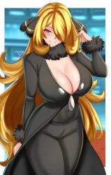 Rule 34 | 1girl, anisdrawn, black coat, black pants, black shirt, blonde hair, blush, border, breasts, cleavage, closed mouth, coat, commentary, cowboy shot, creatures (company), curvy, cynthia (pokemon), english commentary, fur-trimmed sleeves, fur collar, fur trim, game freak, grey eyes, hair ornament, hair over one eye, hand up, highres, large breasts, long hair, nintendo, pants, pokemon, pokemon dppt, shirt, smile, solo, taut clothes, very long hair, white border