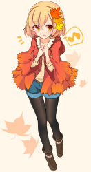 Rule 34 | 1girl, absurdres, aki shizuha, autumn leaves, belt, black pantyhose, blonde hair, boots, brown belt, brown eyes, brown footwear, commentary request, denim, denim shorts, full body, hair ornament, hairband, hands on own chest, highres, inon, jacket, leaf hair ornament, pantyhose under shorts, musical note, open mouth, pantyhose, red jacket, shirt, short hair, shorts, solo, spoken musical note, touhou, white shirt