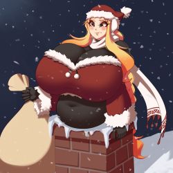 Rule 34 | 1girl, arina, bag, belly, belly rest, blonde hair, blush, bodysuit, breasts, brown eyes, dotil, eyelashes, eyeshadow, fat, gigantic breasts, hat, highres, holding, lips, long hair, makeup, navel, night, original, outdoors, plump, santa hat, scarf, shiny clothes, shiny skin, skin tight, sky, smokestack, snow, solo, stuck, upper body, very long hair
