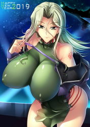 Rule 34 | 1girl, 2019, breasts, covered erect nipples, green hair, haganef, happy new year, highres, huge breasts, lamia loveless, long hair, new year, smile, solo, super robot wars, super robot wars original generation