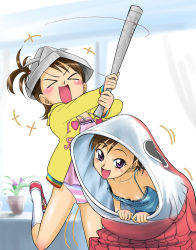 Rule 34 | &gt; &lt;, 00s, 2girls, :d, bare shoulders, baseball bat, blush, breasts, casual, collarbone, downblouse, closed eyes, futami ami, futami mami, hakama, hakama short skirt, hakama skirt, holding, idolmaster, idolmaster (classic), idolmaster 1, indoors, japanese clothes, kimono, looking at viewer, multiple girls, open mouth, oversized clothes, panties, pleated skirt, red skirt, siblings, sisters, skirt, small breasts, smile, socks, t-hiko, thighs, twins, underwear, wince