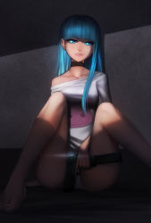 Rule 34 | &gt;:3, 1girl, :3, against wall, arm at side, asymmetrical hair, bare legs, bare shoulders, barefoot, between legs, blue eyes, blue hair, blunt bangs, breasts, choker, collarbone, dark, day, evil grin, evil smile, eyebrows, grin, gun, hand between legs, handgun, highres, holding, holding gun, holding weapon, knees up, large breasts, lips, long hair, looking at viewer, matching hair/eyes, off shoulder, original, panties, pantyshot, parted lips, pistol, shade, shirt, short sleeves, sitting, smile, smiley face, solo, sunlight, t-shirt, teeth, toenails, toniwing, trigger discipline, tsurime, underwear, v-shaped eyebrows, weapon