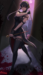 Rule 34 | 2girls, anya (spy x family), black dress, black hair, black thighhighs, blood, blood on ground, blood on wall, bloody weapon, breasts, building, dagger, dress, eiwa, full moon, gold hairband, hairband, hairpods, highres, holding, holding dagger, holding knife, holding weapon, knife, large breasts, moon, multiple girls, night, pink hair, red eyes, spy x family, stiletto (weapon), thighhighs, two-sided fabric, weapon, yor briar