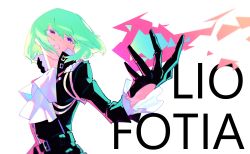 Rule 34 | 1boy, absurdres, ascot, bishounen, black gloves, black jacket, character name, earrings, fire, fire, gloves, half gloves, highres, jacket, jewelry, lio fotia, male focus, outstretched arms, promare, purple eyes, pyrokinesis, souitiroukirari, white background