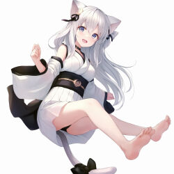 Rule 34 | 1girl, animal collar, animal ears, bare legs, barefoot, black panties, black ribbon, blue eyes, bow, breasts, cat ears, cat tail, catbell, collar, commentary request, crescent, detached sleeves, eyelashes, feet, full body, hair between eyes, hair ribbon, hands up, highres, invisible chair, japanese clothes, kimono, legs, long sleeves, looking at viewer, medium breasts, obi, open mouth, original, panties, ribbon, sash, short kimono, simple background, sitting, sleeveless, sleeveless kimono, soles, solo, tail, tail bow, tail ornament, thighs, toes, underwear, white background, white kimono, wide sleeves