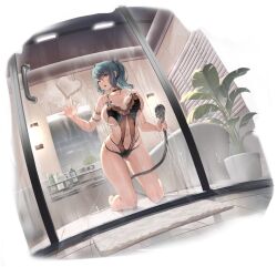 Rule 34 | 1girl, against glass, azur lane, bare shoulders, bathroom, bathtub, black choker, black one-piece swimsuit, breast press, breasts, choker, collarbone, dead or alive, dead or alive 6, dead or alive xtreme, doormat, glass door, glass writing, heart, highres, holding, holding shower head, kneeling, kurumi (recycllamo), large breasts, long hair, looking at viewer, mirror, multicolored hair, navel, non-web source, official alternate costume, official art, one-piece swimsuit, plant, ponytail, potted plant, shower head, skindentation, soap bottle, streaked hair, swimsuit, tamaki (doa), tamaki (venus shower time) (doa), thighs, water, window blinds