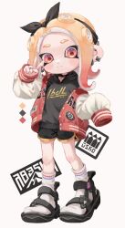 Rule 34 | 1girl, absurdres, black bow, black footwear, black hairband, black hoodie, black shorts, blonde hair, bow, closed mouth, commentary request, ear piercing, full body, gradient hair, hairband, highres, hood, hoodie, jacket, letterman jacket, medium hair, multicolored hair, myon rio, nintendo, octoling, octoling girl, octoling player character, open clothes, open jacket, piercing, red eyes, red hair, sandals, short shorts, shorts, simple background, sleeves past fingers, sleeves past wrists, socks, solo, splatoon (series), splatoon 2, standing, tentacle hair, two-tone hair, v, white background, white socks, yellow trim