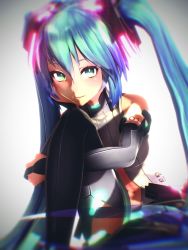 Rule 34 | 1girl, 3d, blue hair, elbow gloves, gloves, gradient background, green eyes, grey background, hatsune miku, long hair, looking at viewer, mikumikudance (medium), sc, sitting, solo, twintails, very long hair, vocaloid, tda model (mikumikudance)