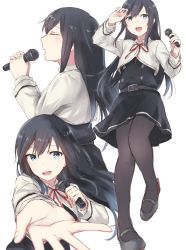 Rule 34 | 1girl, :d, asashio (kancolle), belt, black hair, black pantyhose, blue eyes, closed eyes, dress, from side, holding, holding microphone, kantai collection, long hair, long sleeves, looking at viewer, mary janes, microphone, multiple views, neck ribbon, open mouth, pantyhose, pinafore dress, red ribbon, ribbon, satsumi, shoes, simple background, sleeveless dress, smile, white background