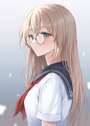 Rule 34 | 1girl, blonde hair, blue eyes, blue sailor collar, blush, commentary, expressionless, eyelashes, from side, glasses, grey background, hair between eyes, heeri, highres, long hair, looking at viewer, neckerchief, original, red neckerchief, sailor collar, school uniform, serafuku, shirt, short sleeves, solo, symbol-only commentary, upper body, white shirt