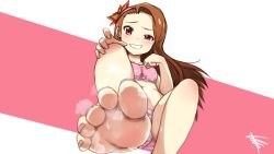 Rule 34 | 1girl, absurdres, barefoot, brown hair, feet, foot focus, grin, highres, idolmaster, idolmaster (classic), long hair, minase iori, preesoul, smell, smile, soles, solo, steam, sweat, toes