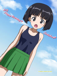 Rule 34 | 1girl, black hair, blue eyes, blue one-piece swimsuit, blush, breasts, girls und panzer, green skirt, happy birthday, highres, looking at viewer, miniskirt, naotosi, one-piece swimsuit, open mouth, short hair, skirt, small breasts, solo, sono midoriko, swimsuit
