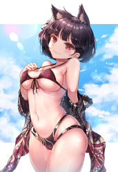 Rule 34 | 1girl, :3, absurdres, alswp5806, animal ear fluff, animal ears, azur lane, bare shoulders, bikini, black bikini, black hair, black jacket, blue sky, breasts, cameltoe, cat ears, cloud, cowboy shot, day, covered erect nipples, floral print, fox mask, front-tie bikini top, front-tie top, groin, halterneck, halterneck, highres, holding, jacket, looking at viewer, mask, mask on head, medium breasts, multi-strapped bikini, navel, off shoulder, red eyes, short hair, skindentation, sky, smile, solo, stomach, sunlight, swimsuit, thick thighs, thighs, wet, yamashiro (azur lane)