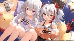 Rule 34 | 2girls, absurdres, azur lane, bare legs, bare shoulders, chips (food), closed mouth, cola, collarbone, commentary, controller, copyright name, dualshock, english commentary, feet out of frame, food, food in mouth, game controller, gamepad, grey hair, headgear, highres, holding, holding controller, holding game controller, knees up, little enterprise (azur lane), little prinz eugen (azur lane), long hair, manjuu (azur lane), mouth hold, multicolored hair, multiple girls, nahaki, off shoulder, official art, playing games, playstation controller, potato chips, purple eyes, red hair, second-party source, sitting, streaked hair, twintails, yellow eyes