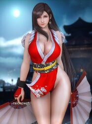 Rule 34 | 1girl, 3d, artist name, bare shoulders, black hair, breasts, building, cleavage, closed mouth, cloud, cloudy sky, cosplay, cowboy shot, crescent, crescent earrings, earrings, fatal fury, final fantasy, final fantasy vii, final fantasy vii remake, full moon, gold earrings, hand fan, highres, holding, holding fan, japanese clothes, jewelry, kunoichi, large breasts, lips, long hair, looking at viewer, moon, obi, outdoors, pelvic curtain, raidenwgt, red eyes, red nails, revealing clothes, sash, shiranui mai, shiranui mai (cosplay), single sidelock, sky, solo, square enix, swept bangs, the king of fighters, the king of fighters xv, thighs, tifa lockhart, very long hair
