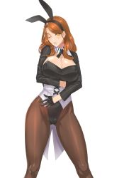 Rule 34 | 1girl, animal ears, black gloves, black pantyhose, breasts, brown hair, cleavage, coattails, covered erect nipples, damegane, earrings, fake animal ears, gloves, highres, huge breasts, jewelry, leotard, long hair, mylu00e9ne (damegane), one eye closed, original, pantyhose, parted lips, playboy bunny, rabbit ears, simple background, smile, solo, tailcoat, white background, yellow eyes