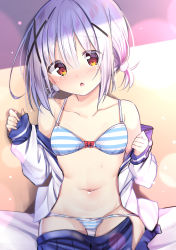 Rule 34 | 1girl, :o, blue sailor collar, blue skirt, blush, bow, bow bra, bra, breasts, clothes pull, collarbone, commentary request, groin, hair between eyes, hair ornament, hairclip, hands up, highres, kurou (quadruple zero), long sleeves, looking at viewer, navel, ninose shizuku, off shoulder, open clothes, open shirt, panties, panty pull, parted lips, pleated skirt, red eyes, sailor collar, school uniform, serafuku, shirt, silver hair, sitting, skirt, skirt pull, sleeves past wrists, small breasts, solo, striped bra, striped clothes, striped panties, sweat, underwear, watashi no tame ni nuginasai!, white shirt, x hair ornament