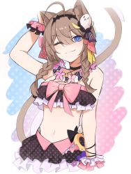 Rule 34 | 1girl, ahoge, animal ears, arm up, bare arms, bare shoulders, bikini, black choker, blue eyes, bow, braid, brown hair, cat ears, cat girl, cat tail, choker, criss-cross halter, cropped torso, flower, flower necklace, frilled bikini, frills, hair ornament, hairband, halterneck, highres, honkai (series), honkai impact 3rd, jewelry, long hair, looking at viewer, midriff, navel, necklace, one eye closed, pardofelis (honkai impact), pink bow, scrunchie, slit pupils, smile, solo, spaghetti strap, stomach, swimsuit, tail, tail raised, twin braids, weeiskaw, wrist scrunchie