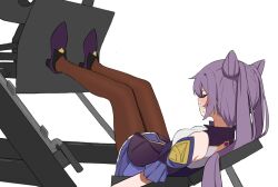 Rule 34 | 1girl, bare shoulders, breasts, clenched teeth, closed eyes, commentary, detached sleeves, dress, exercising, exercise machine, flasso, genshin impact, high heels, keqing (genshin impact), legs up, long hair, lying, medium breasts, on back, pantyhose, purple footwear, purple hair, simple background, solo, sweat, teeth, twintails