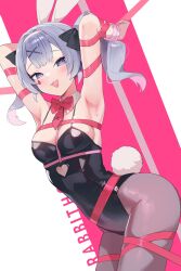 Rule 34 | 1girl, :d, absurdres, animal ears, armpits, arms up, black leotard, black pantyhose, blue eyes, blue hair, blush, bound, bound wrists, bow, bowtie, breasts, clothing cutout, cowboy shot, detached collar, dosei, dutch angle, fake animal ears, fake tail, hair intakes, hair ornament, hairband, hatsune miku, heart, heart-shaped pupils, heart cutout, highleg, highleg leotard, highres, large breasts, legs together, leotard, looking at viewer, open mouth, pantyhose, pink bow, pink bowtie, playboy bunny, rabbit ears, rabbit hole (vocaloid), rabbit tail, ribbon, ribbon bondage, short hair, short twintails, smile, solo, stomach cutout, symbol-shaped pupils, tail, teardrop facial mark, thighs, twintails, vocaloid, white hairband, x hair ornament
